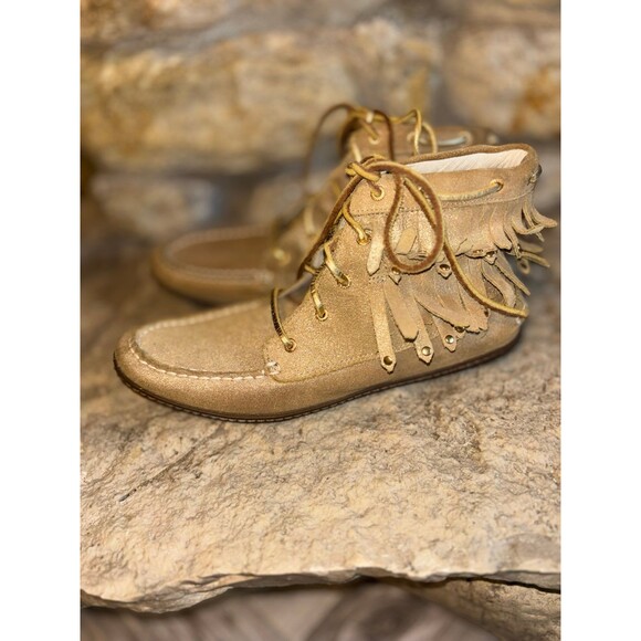SPERRY Gold Sheen Suede Tiered Studded Fringe Ankle Lace Up Moccasins Shoes 8.5 - Picture 3 of 8